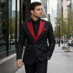 Tuxedo Three Piece Red Peak Lapel Black / Red – Styled Editorial Shot