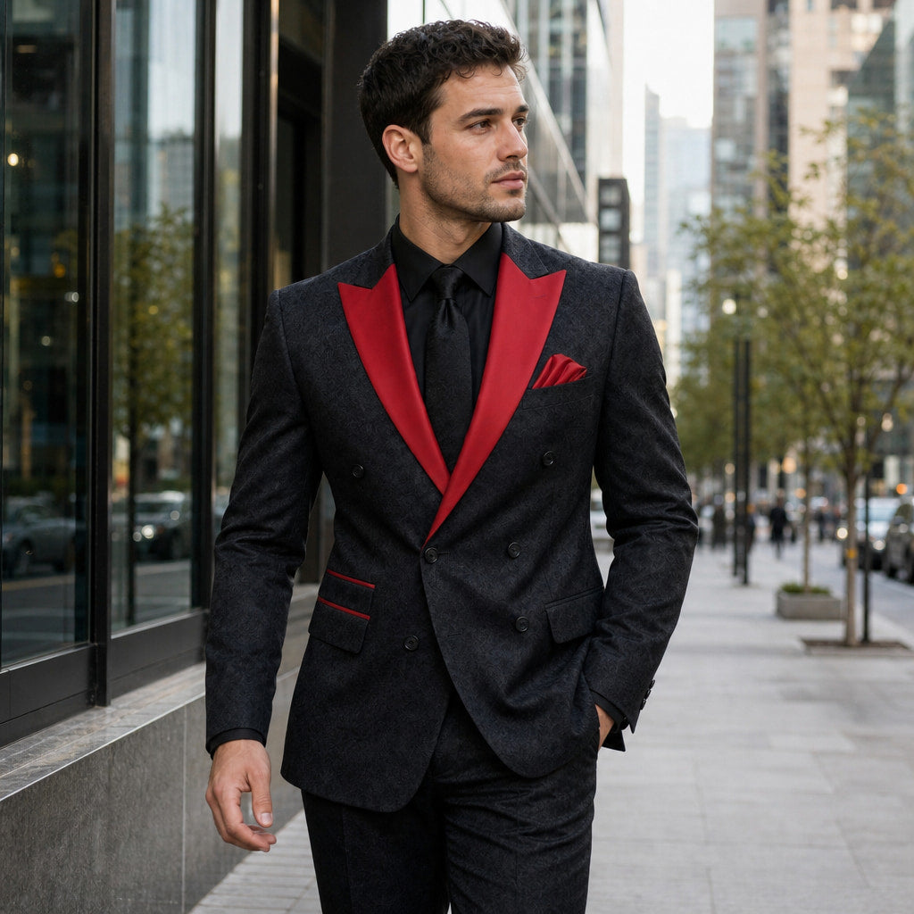Tuxedo Three Piece Red Peak Lapel Black / Red – Styled Editorial Shot