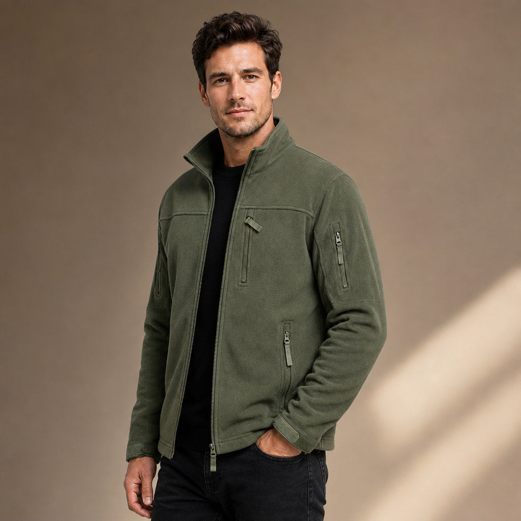 Fleece Jacket Full Zip Windproof Green – Side Angle View