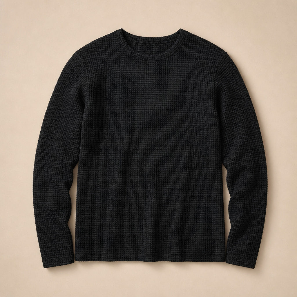 Waffle Knit Top Long Sleeve Black – Product Photo