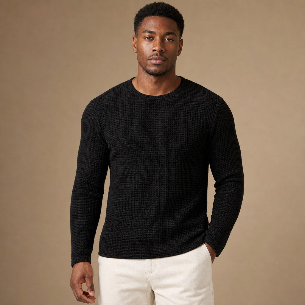 Waffle Knit Top Long Sleeve in Black – Tarlano Premium Menswear