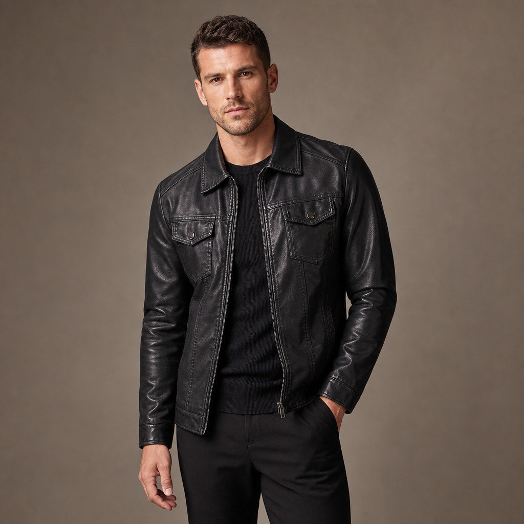 Coats Leather Motorcycle Slim Fit Black Black – Side Angle View