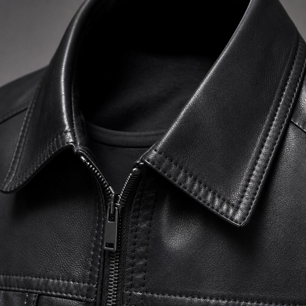 Coats Leather Motorcycle Slim Fit Black Black – Fabric and Detail Close-Up