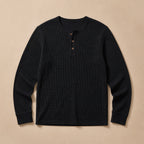 Long Sleeve Henley Waffle Knit Black – Product Photo
