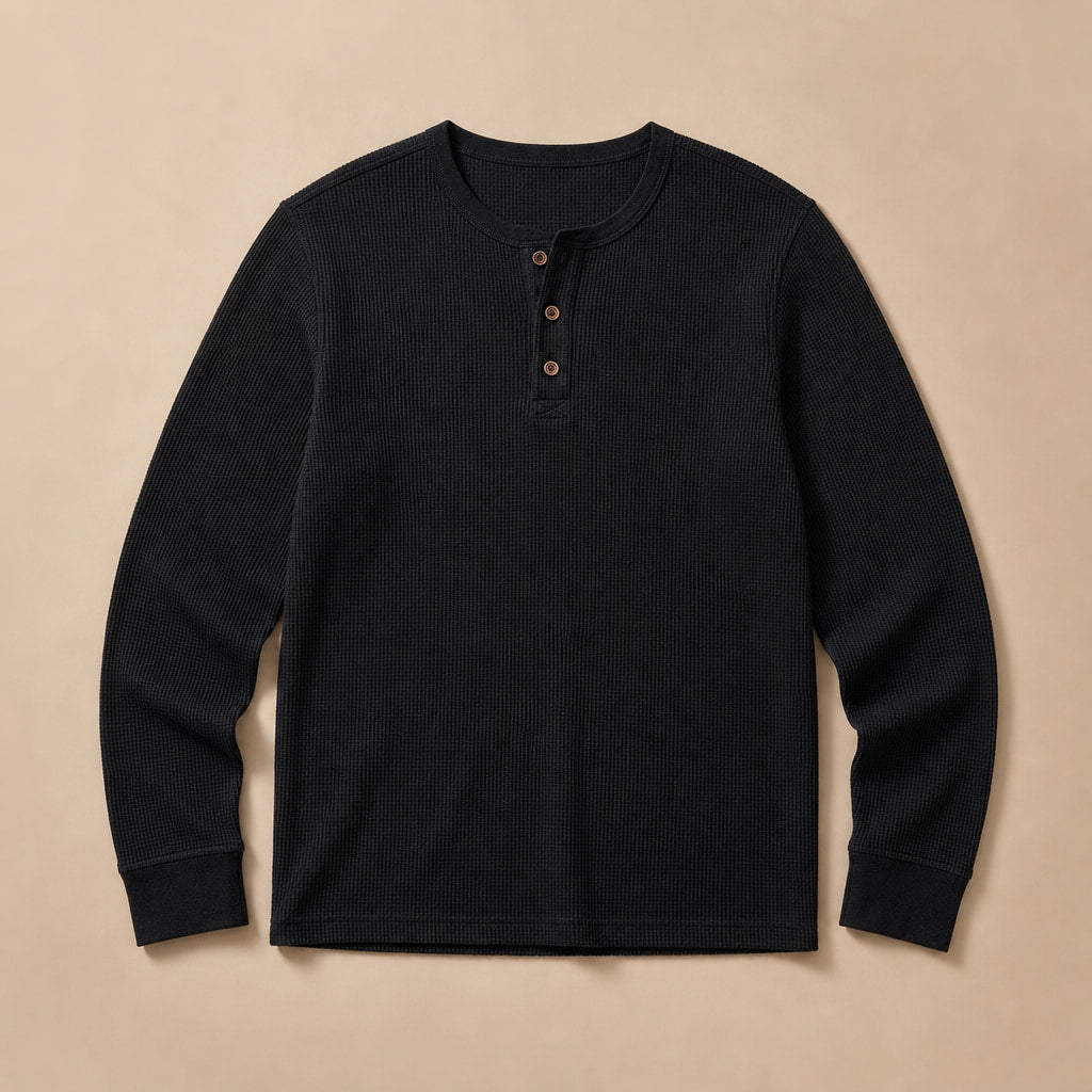 Long Sleeve Henley Waffle Knit Black – Product Photo