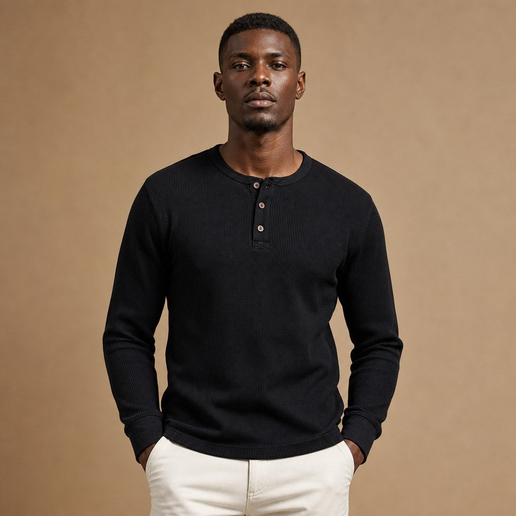 Long Sleeve Henley Waffle Knit in Black – Tarlano Premium Menswear