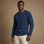 Long Sleeve Henley Waffle Knit Blue – Side Angle View