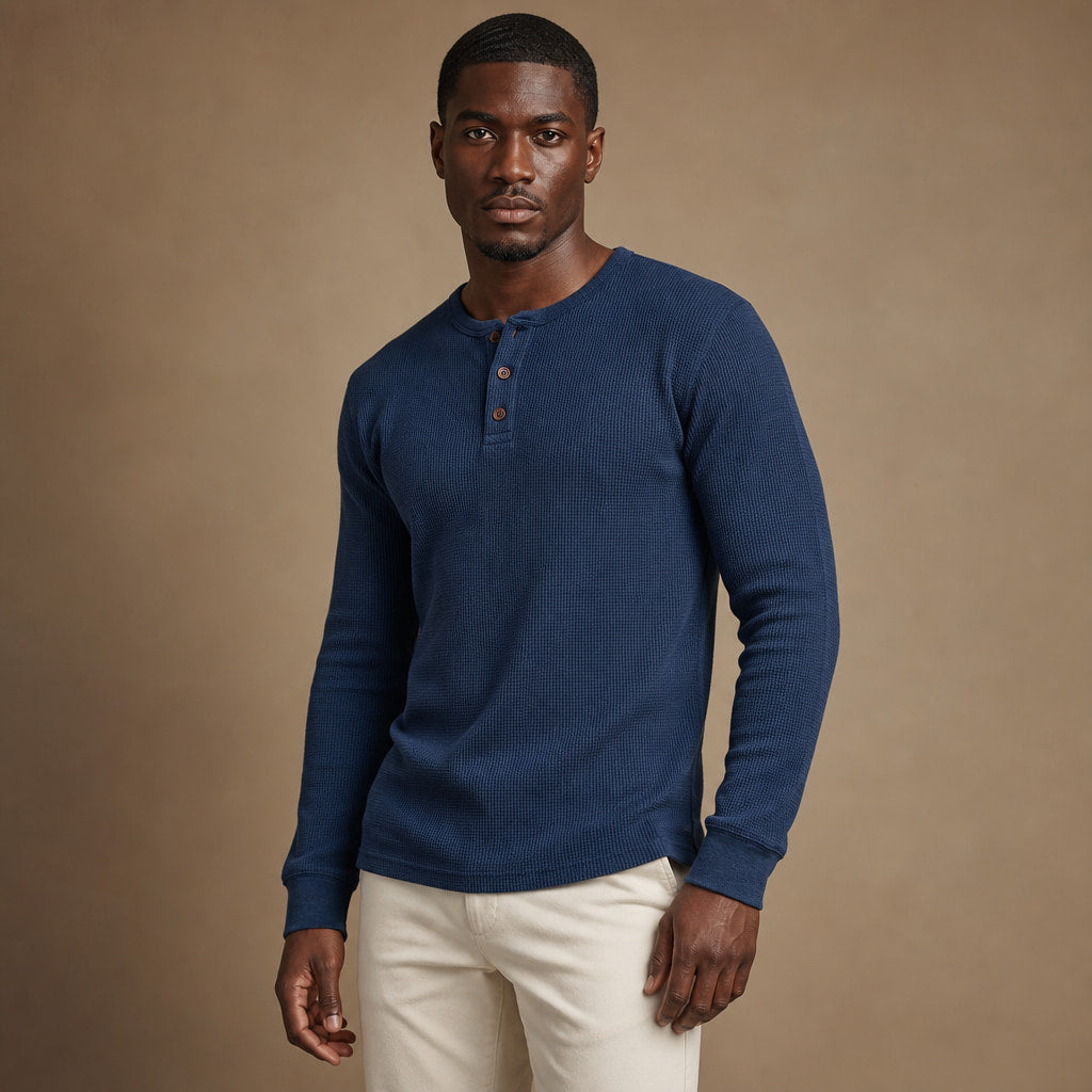Long Sleeve Henley Waffle Knit Blue – Side Angle View