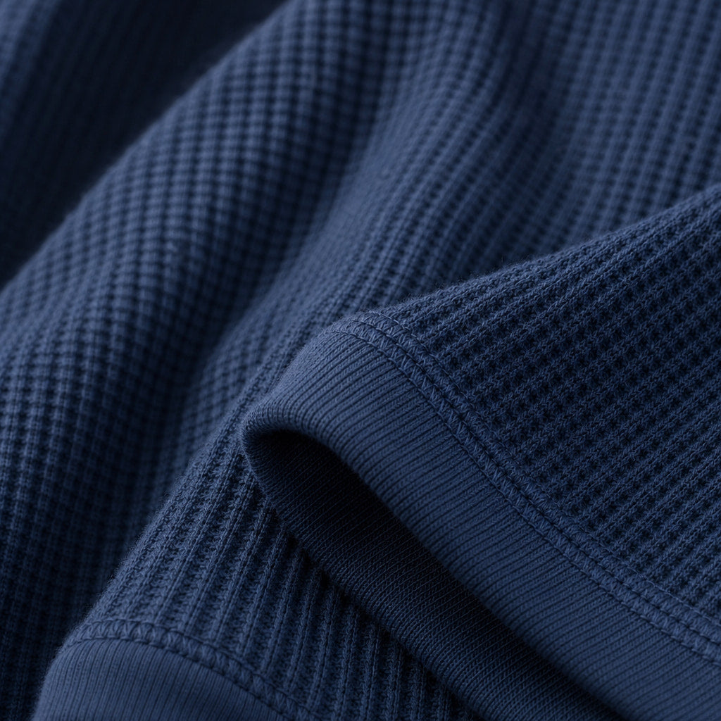 Long Sleeve Henley Waffle Knit Blue – Fabric and Detail Close-Up