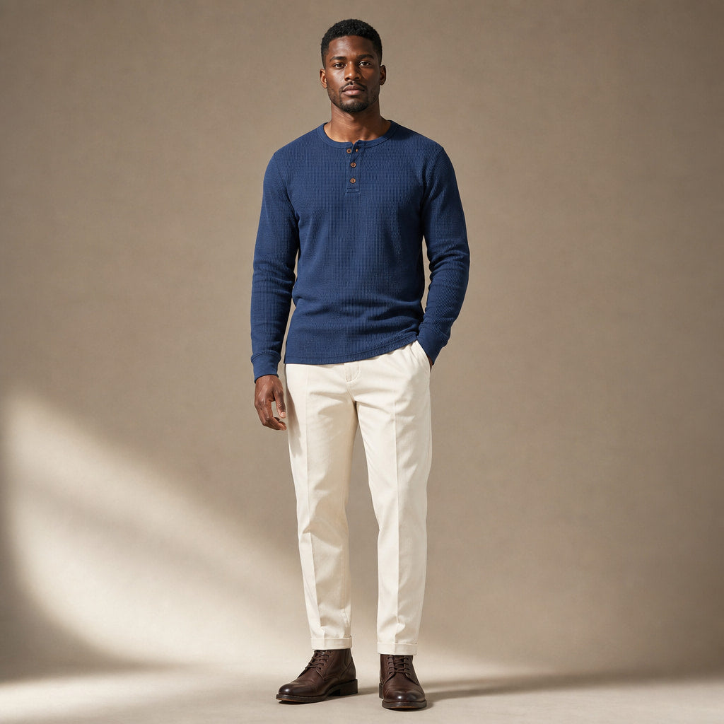 Long Sleeve Henley Waffle Knit Blue – Full Look