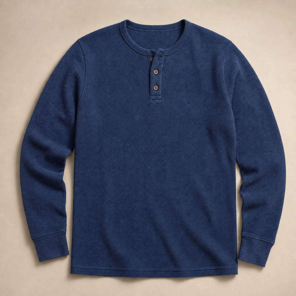 Long Sleeve Henley Waffle Knit Blue – Product Photo
