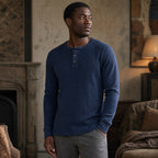 Long Sleeve Henley Waffle Knit Blue – Styled Editorial Shot