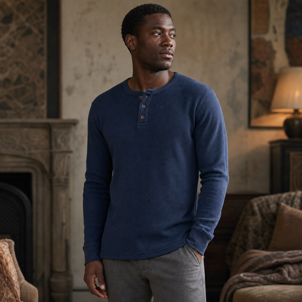 Long Sleeve Henley Waffle Knit Blue – Styled Editorial Shot