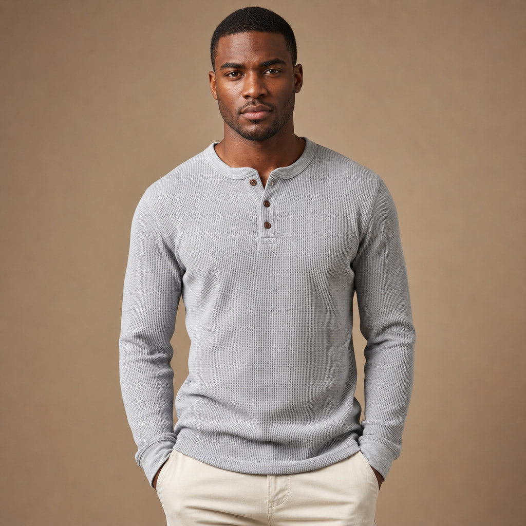 Long Sleeve Henley Waffle Knit in Gray – Tarlano Premium Menswear