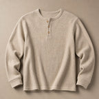 Long Sleeve Henley Waffle Knit Khaki – Product Photo
