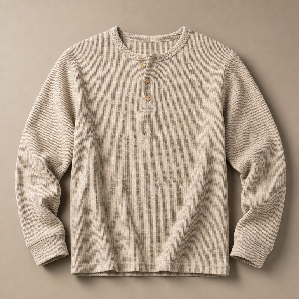 Long Sleeve Henley Waffle Knit Khaki – Product Photo