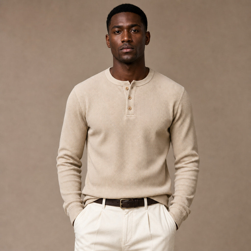 Long Sleeve Henley Waffle Knit in Khaki – Tarlano Premium Menswear