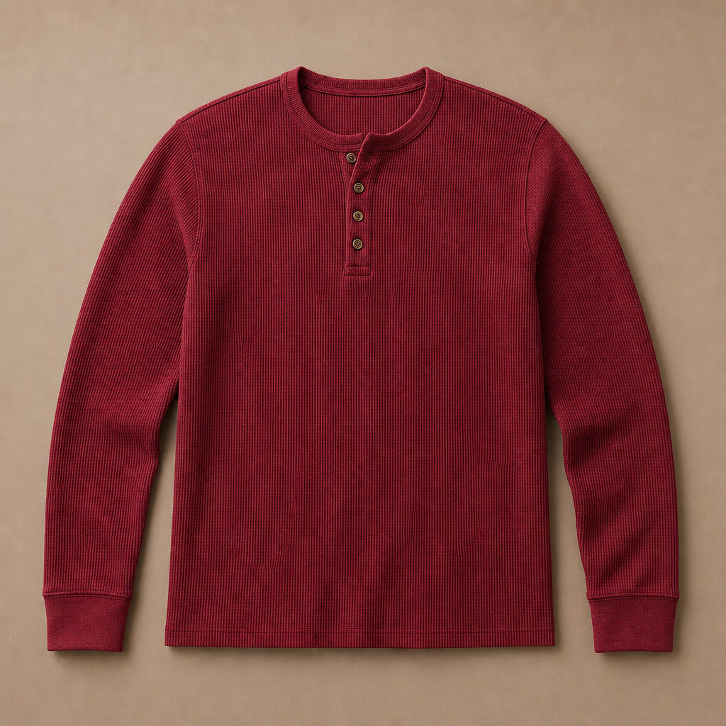 Long Sleeve Henley Waffle Knit Wine – Product Photo