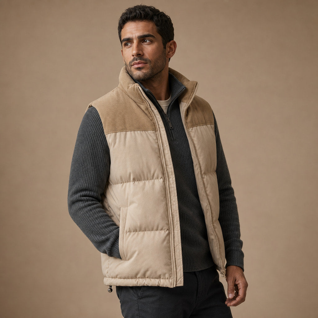 Quilted Puffer Vest Stand Collar Beige – Side Angle View