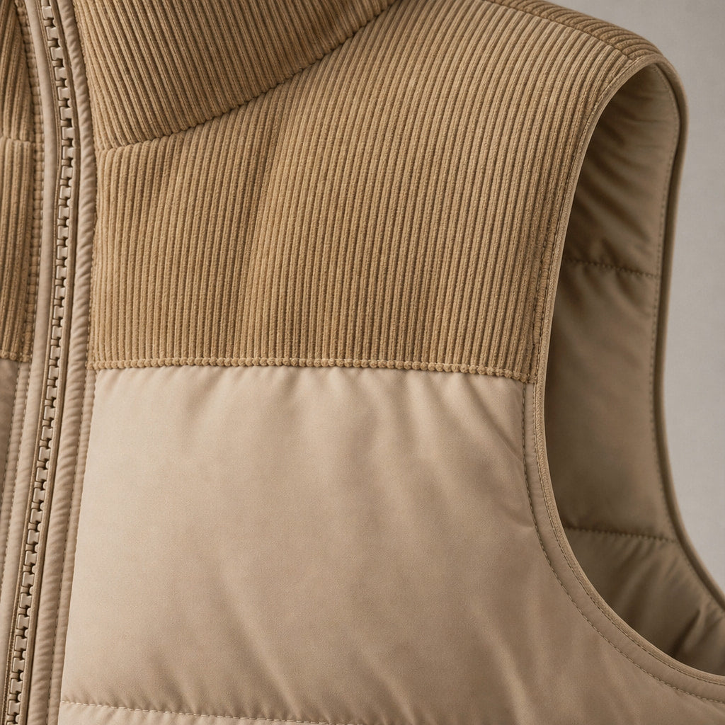 Quilted Puffer Vest Stand Collar Beige – Fabric and Detail Close-Up
