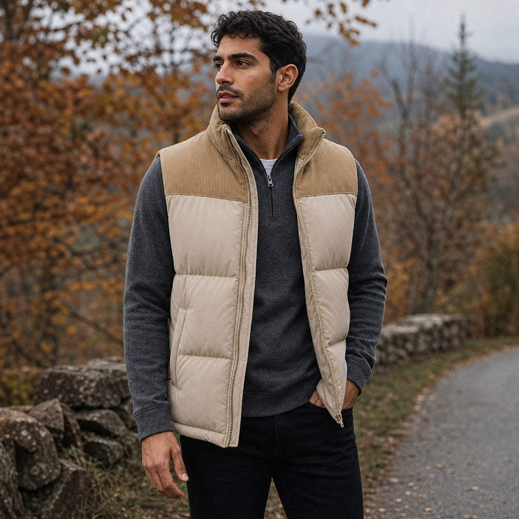 Quilted Puffer Vest Stand Collar Beige – Styled Editorial Shot