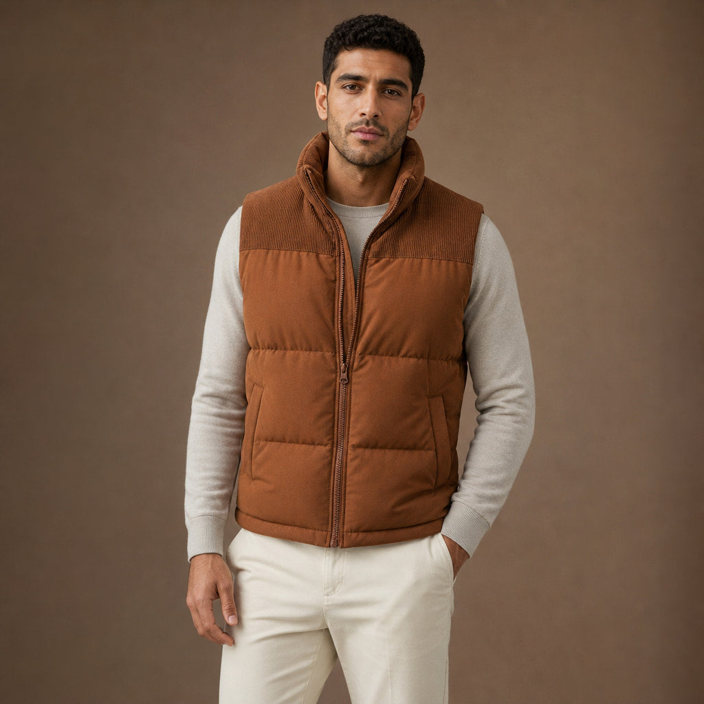Quilted Puffer Vest Stand Collar Brown – Product Photo
