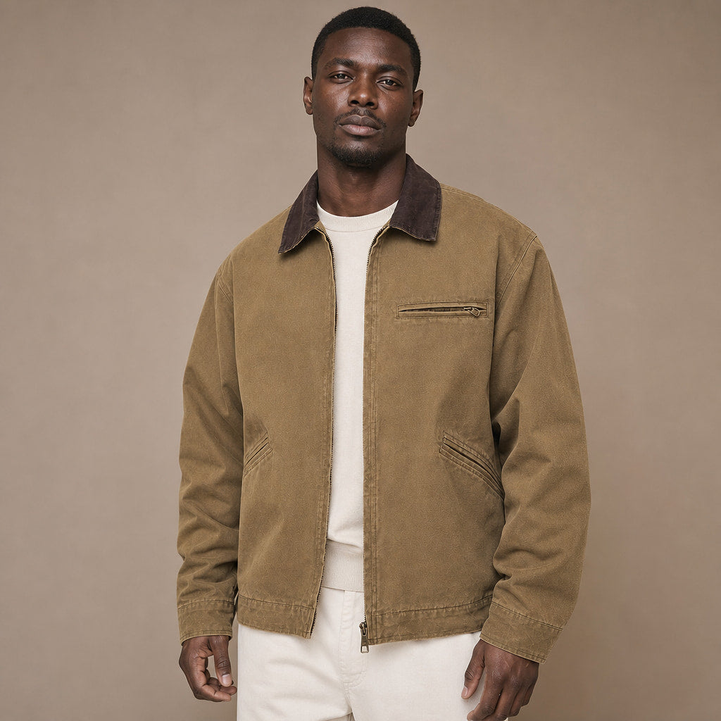 Barn Jacket Cotton Canvas Corduroy Collar Brown – Product Photo