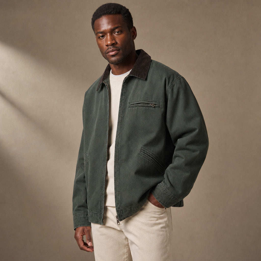 Barn Jacket Cotton Canvas Corduroy Collar Green – Side Angle View