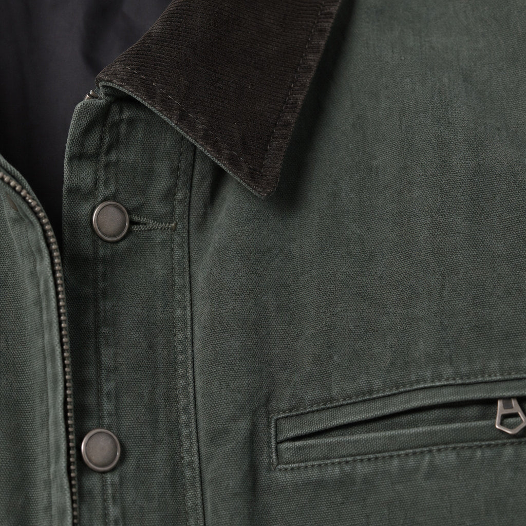 Barn Jacket Cotton Canvas Corduroy Collar Green – Fabric and Detail Close-Up