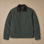 Barn Jacket Cotton Canvas Corduroy Collar Green – Flat Lay Product Photo