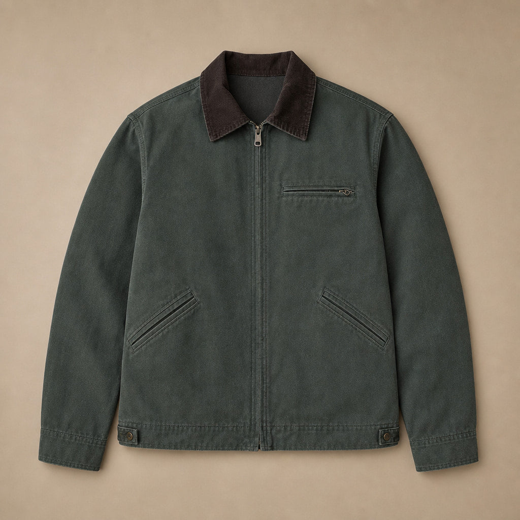 Barn Jacket Cotton Canvas Corduroy Collar Green – Flat Lay Product Photo