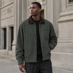 Barn Jacket Cotton Canvas Corduroy Collar Green – Styled Editorial Shot