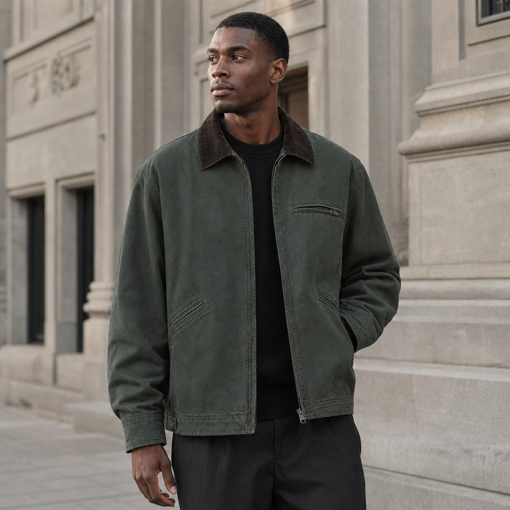 Barn Jacket Cotton Canvas Corduroy Collar Green – Styled Editorial Shot