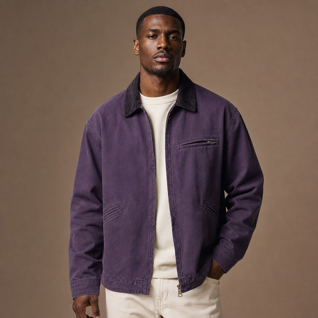 Barn Jacket Cotton Canvas Corduroy Collar Purple – Product Photo