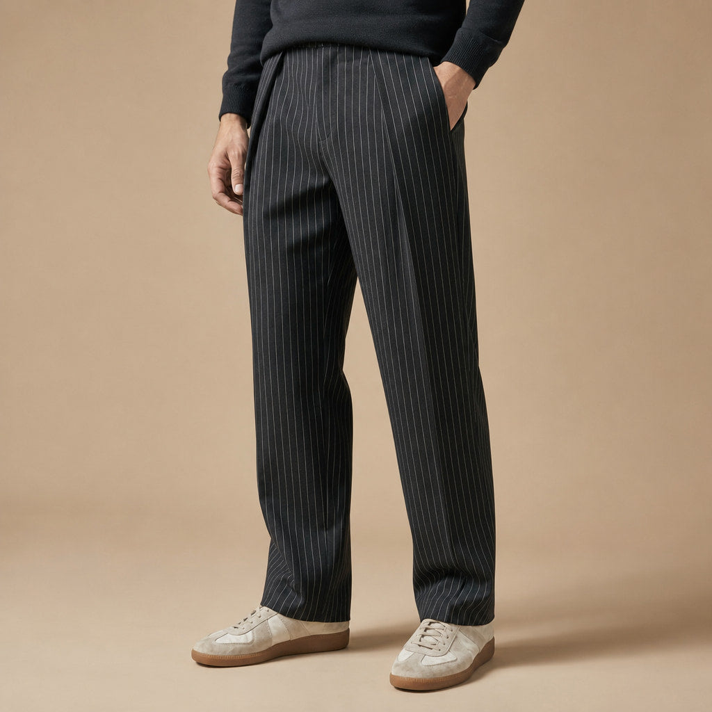 Pinstripe Trousers Wide Leg Black Black – Side Angle View