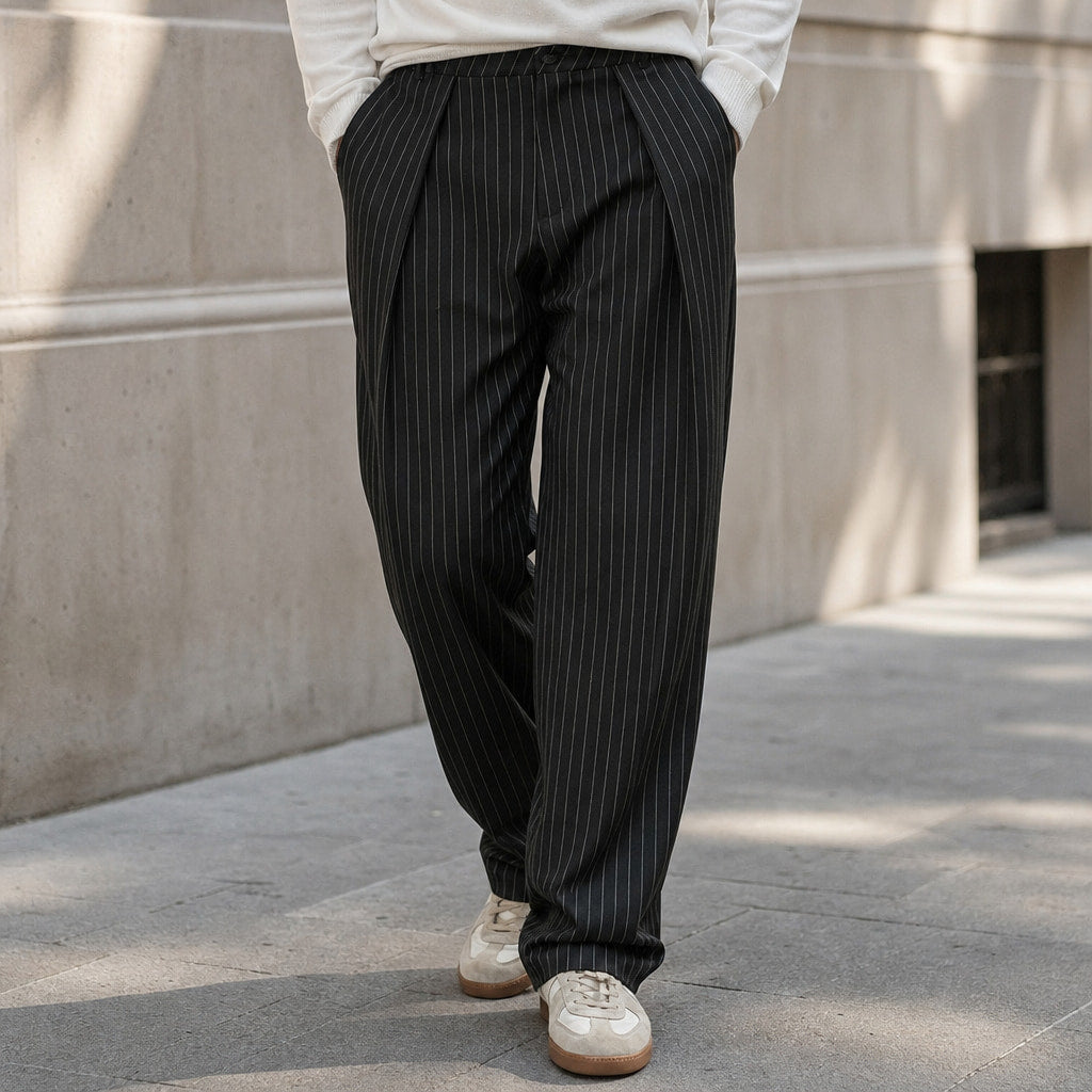 Pinstripe Trousers Wide Leg Black Black – Styled Editorial Shot