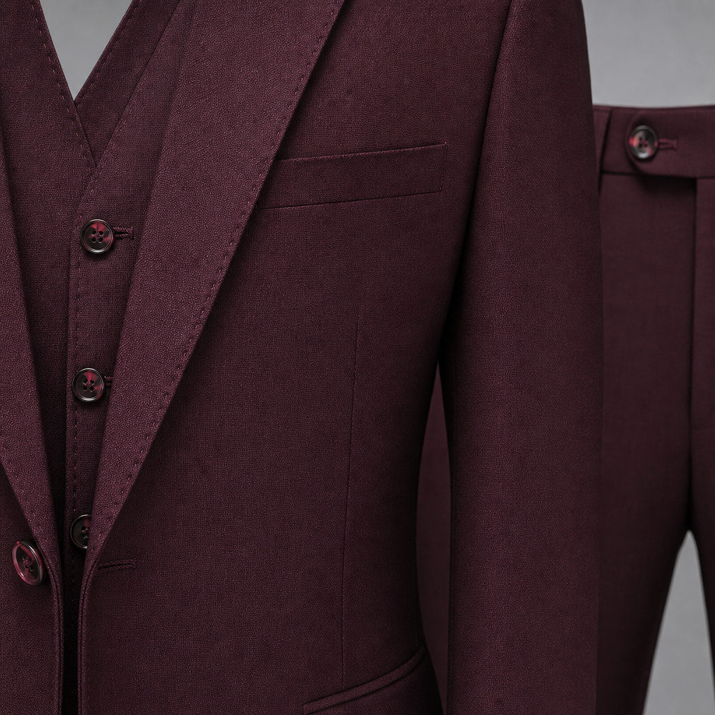 Three Piece Suit Two Button Burgundy Burgundy – Fabric and Detail Close-Up