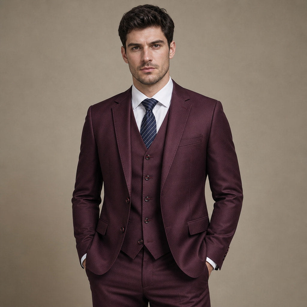 Three Piece Suit Two Button Burgundy Burgundy – Full Look