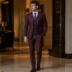 Three Piece Suit Two Button Burgundy Burgundy – Styled Editorial Shot