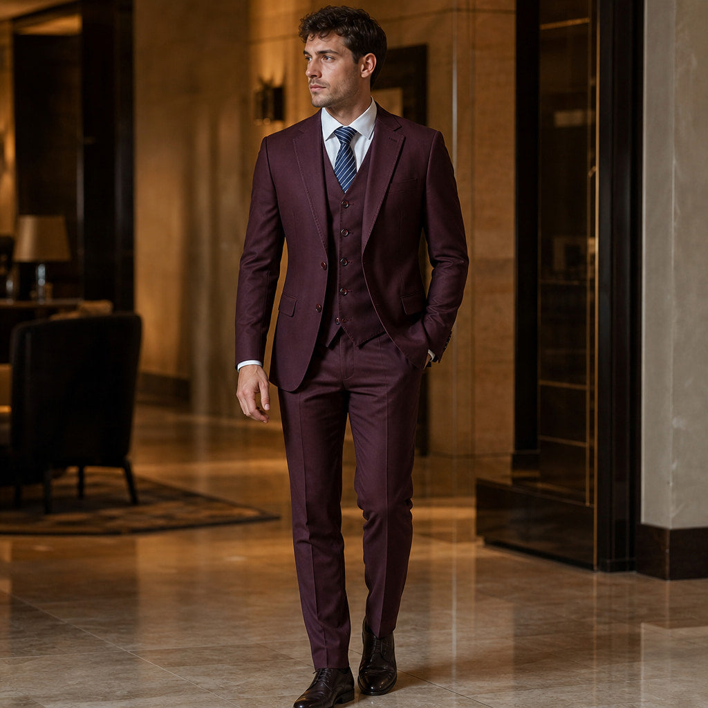 Three Piece Suit Two Button Burgundy Burgundy – Styled Editorial Shot