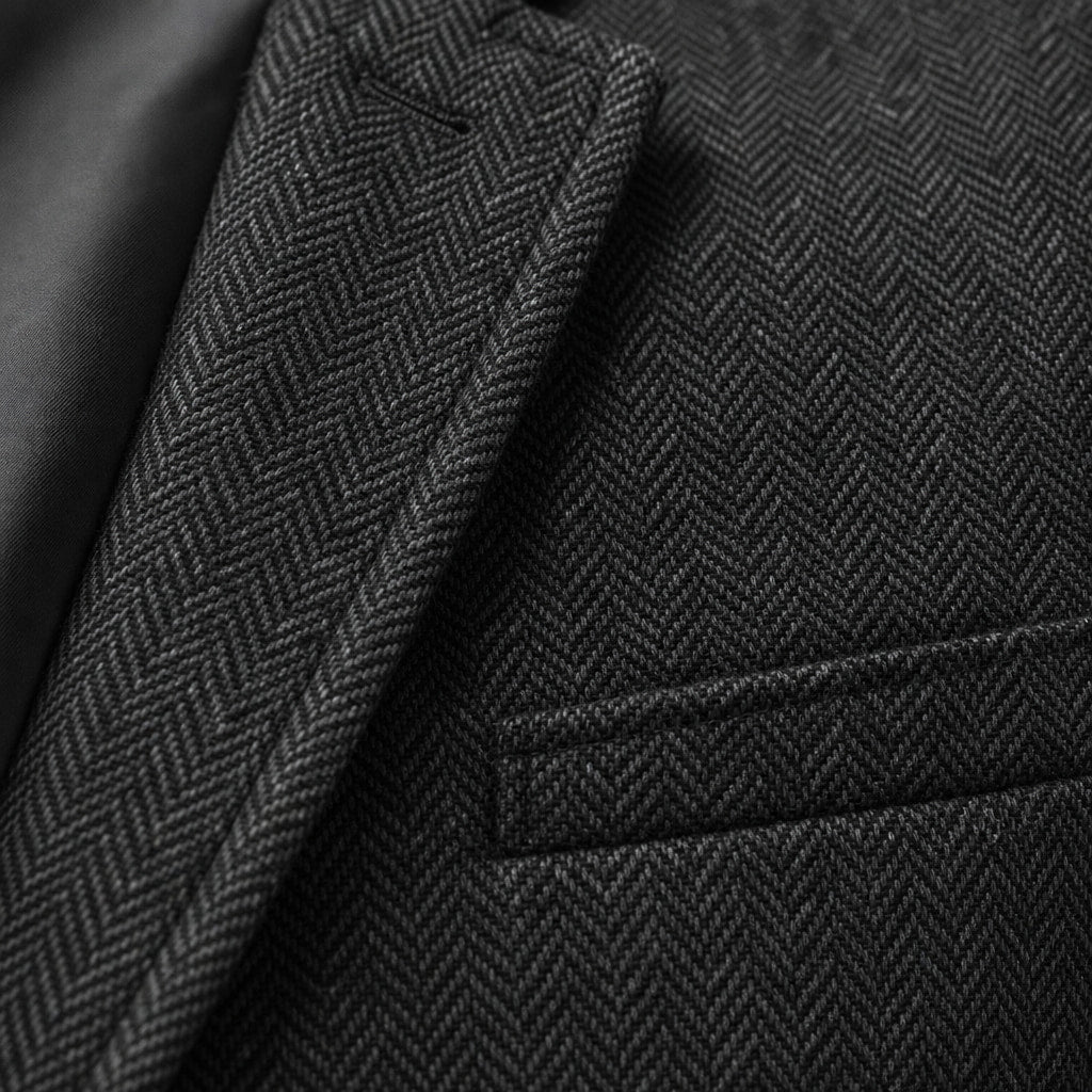 Herringbone Blazer Notch Lapel Black – Fabric and Detail Close-Up
