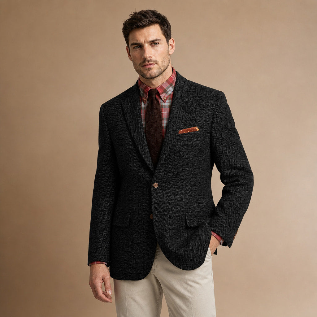 Herringbone Blazer Regular Fit Black – Side Angle View