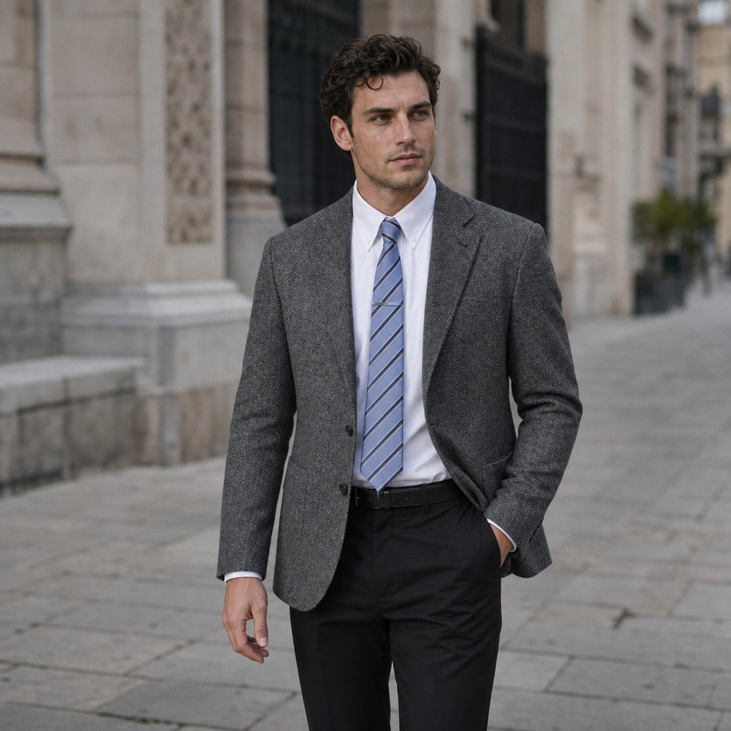 Herringbone Blazer Regular Fit Dark Gray – Styled Editorial Shot