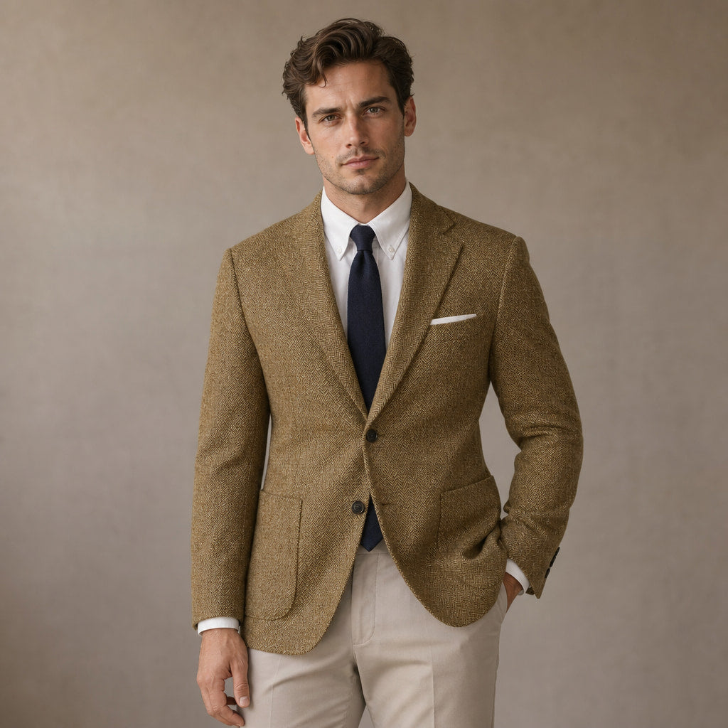 Herringbone Blazer Regular Fit in Khaki – Tarlano Premium Menswear