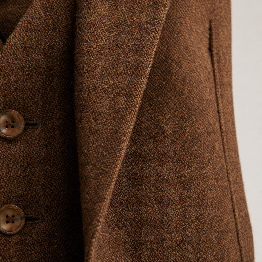 Three Piece Tweed Suit Herringbone Texture Brown – Fabric and Detail Close-Up