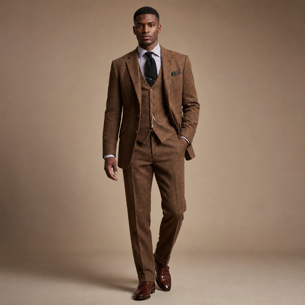 Three Piece Tweed Suit Herringbone Texture Brown – Product Photo
