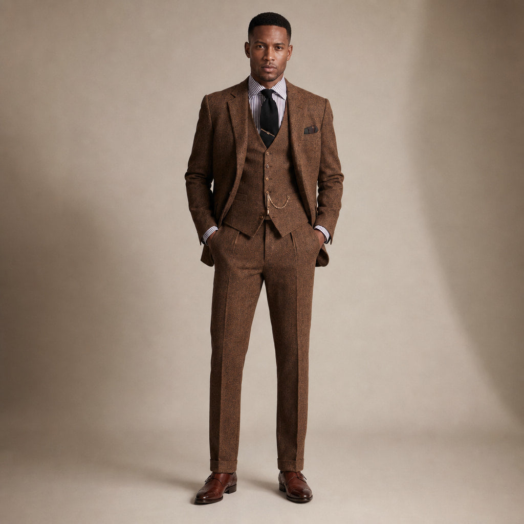 Three Piece Tweed Suit Herringbone Texture in Brown – Tarlano Premium Menswear