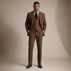 Three Piece Tweed Suit Herringbone Texture in Brown – Tarlano Premium Menswear