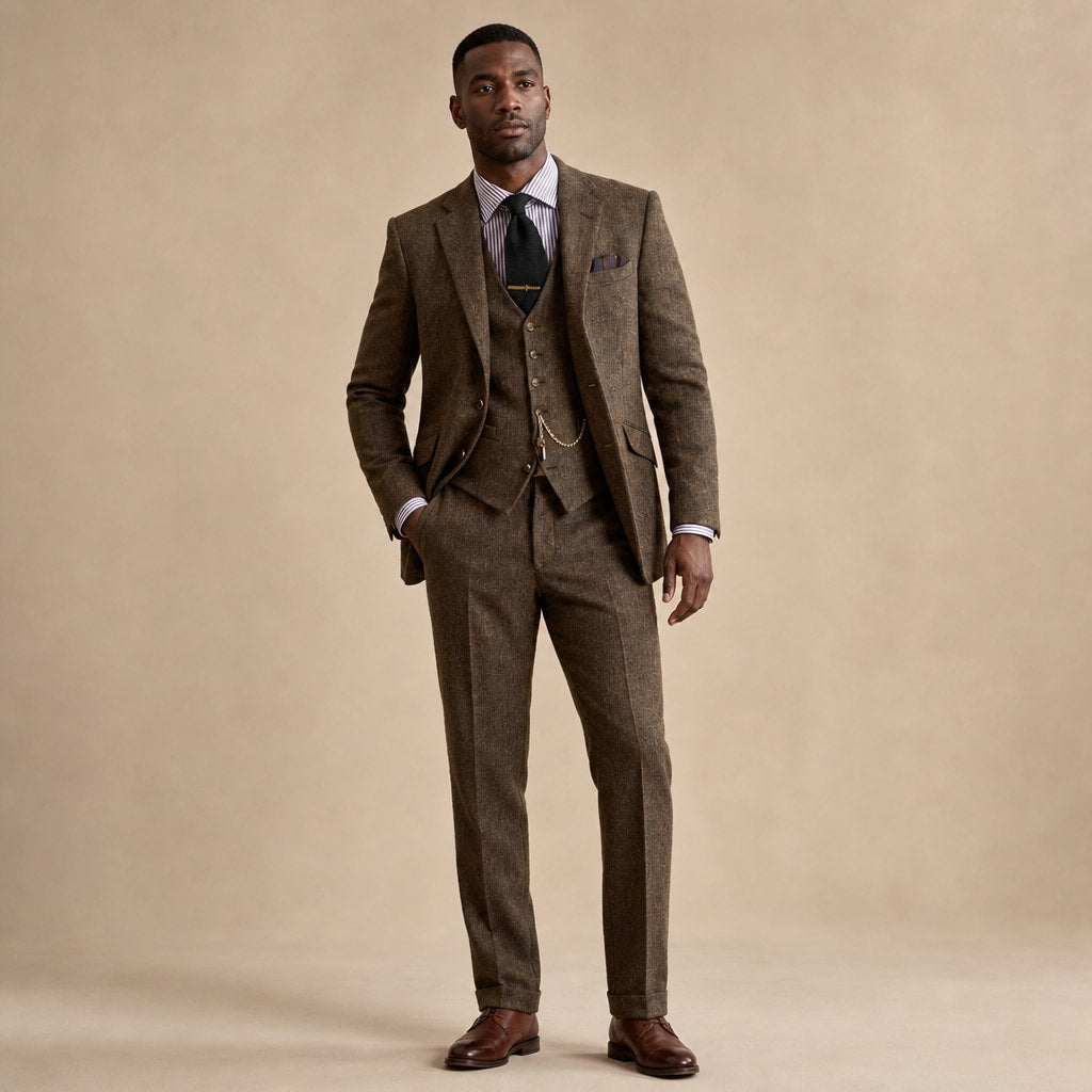 Three Piece Tweed Suit Herringbone Texture Coffee – Product Photo