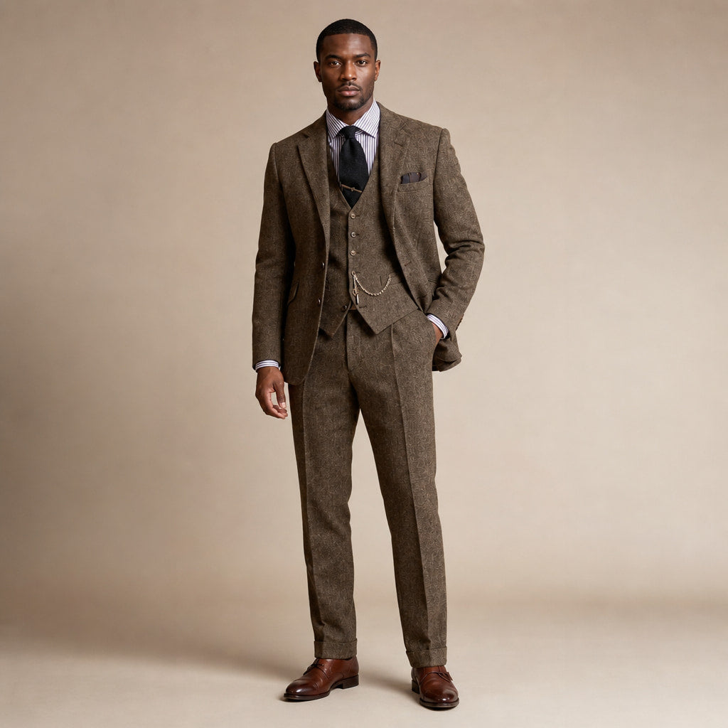 Three Piece Tweed Suit Herringbone Texture in Coffee – Tarlano Premium Menswear